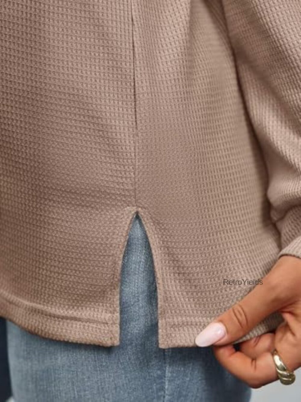 Waffle Knit Button Down Shirt Long Sleeve V Neck Blouse Loose Fit Work Top - Picture 6 of 7
